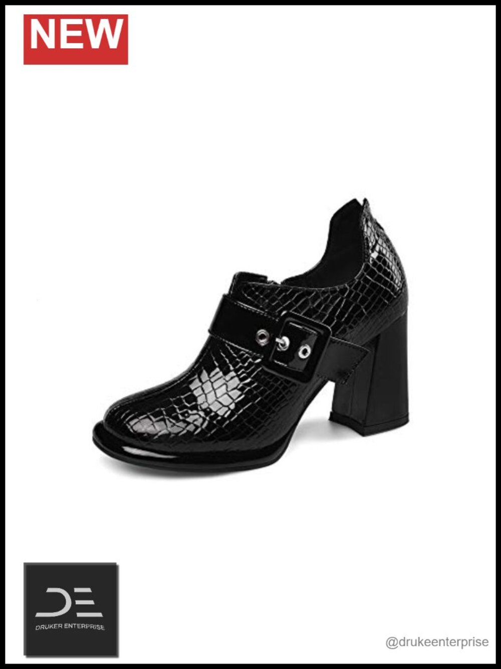 Chunky Block Heel Pumps Patent Leather Side Zip Buckle Round Toe